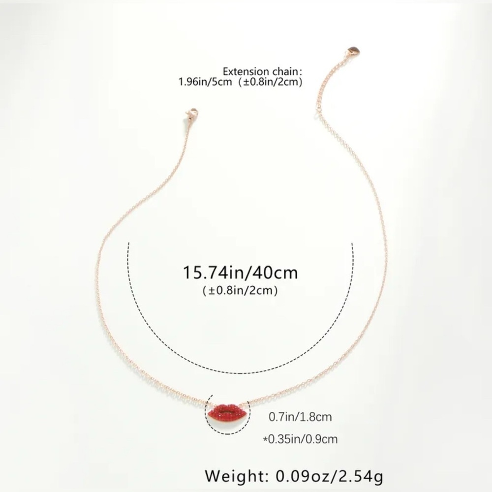 585 Rose Gold Mini Red Pave Crystal Lips Pendant Necklace Minimalist No Fade - Picture 7 of 7